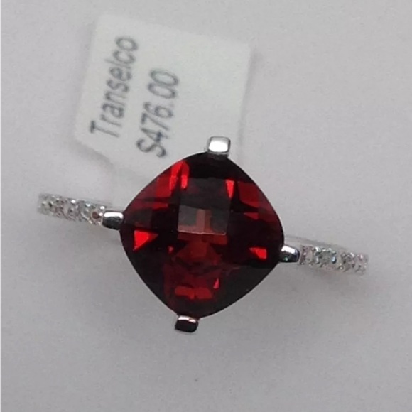 10K White Gold Cushion Checkerboard Cut Garnet and Diamond Ring Size 7 New